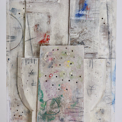 Textured surface with marks, pigments and collaged elements