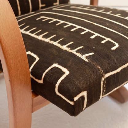 A Pair of 1930s Heal’s Bentwood Armchairs in Antique Malian Mud Cloth