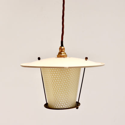 Petite French pendant light with a broad cream enamel shade, tapered dotted glass and brass details.