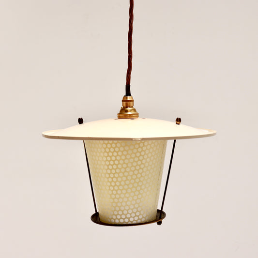 Petite French pendant light with a broad cream enamel shade, tapered dotted glass and brass details.