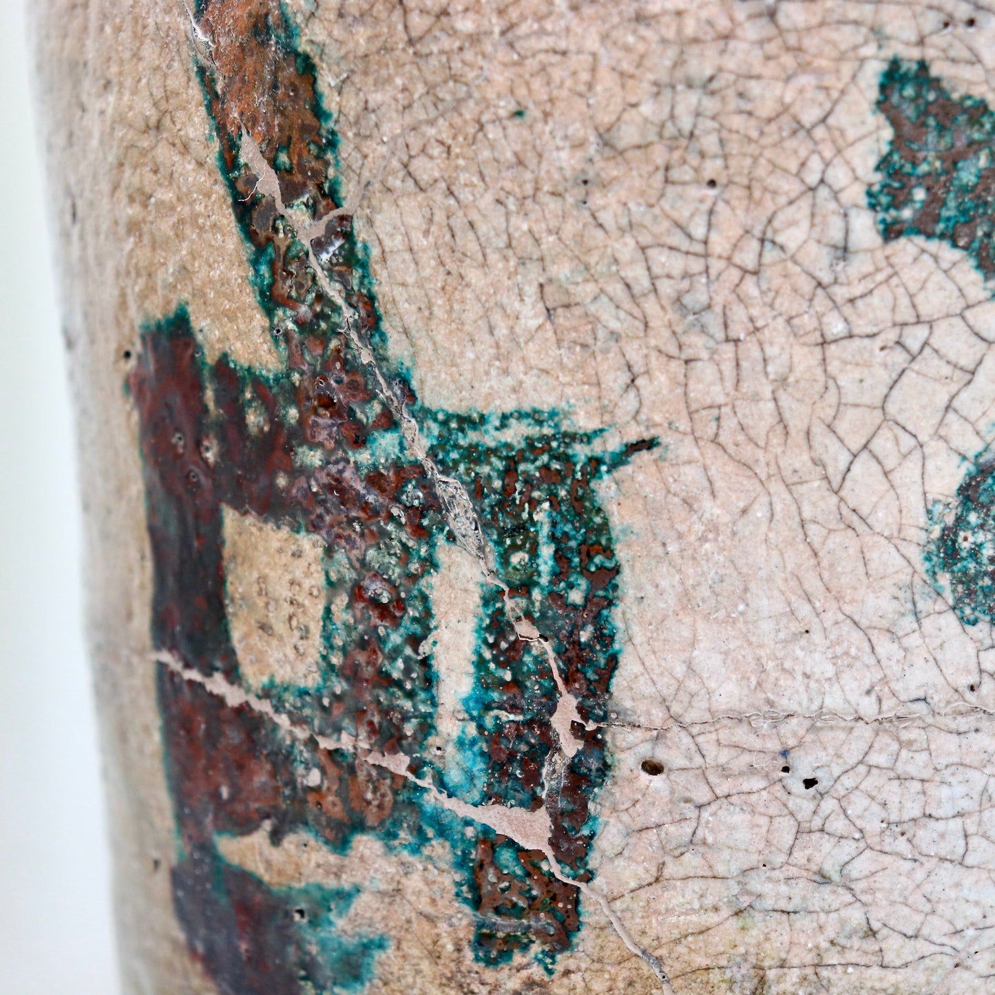 Old Stoneware Vessel with Calligraphic Glaze & Historic Repairs