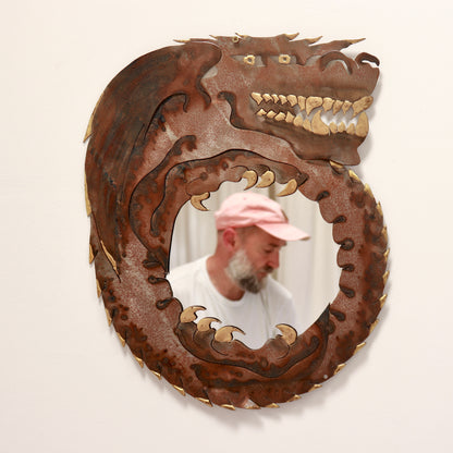 Folk art steel dragon mirror with layered metal construction