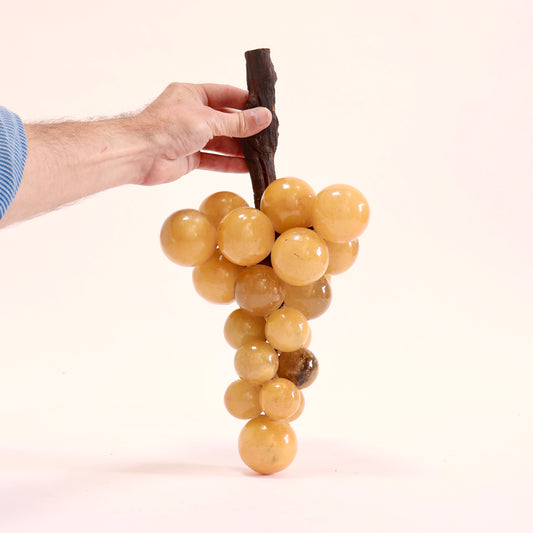 Large bunch of honey-toned alabaster grapes held upright by its dark wooden stem to show scale.