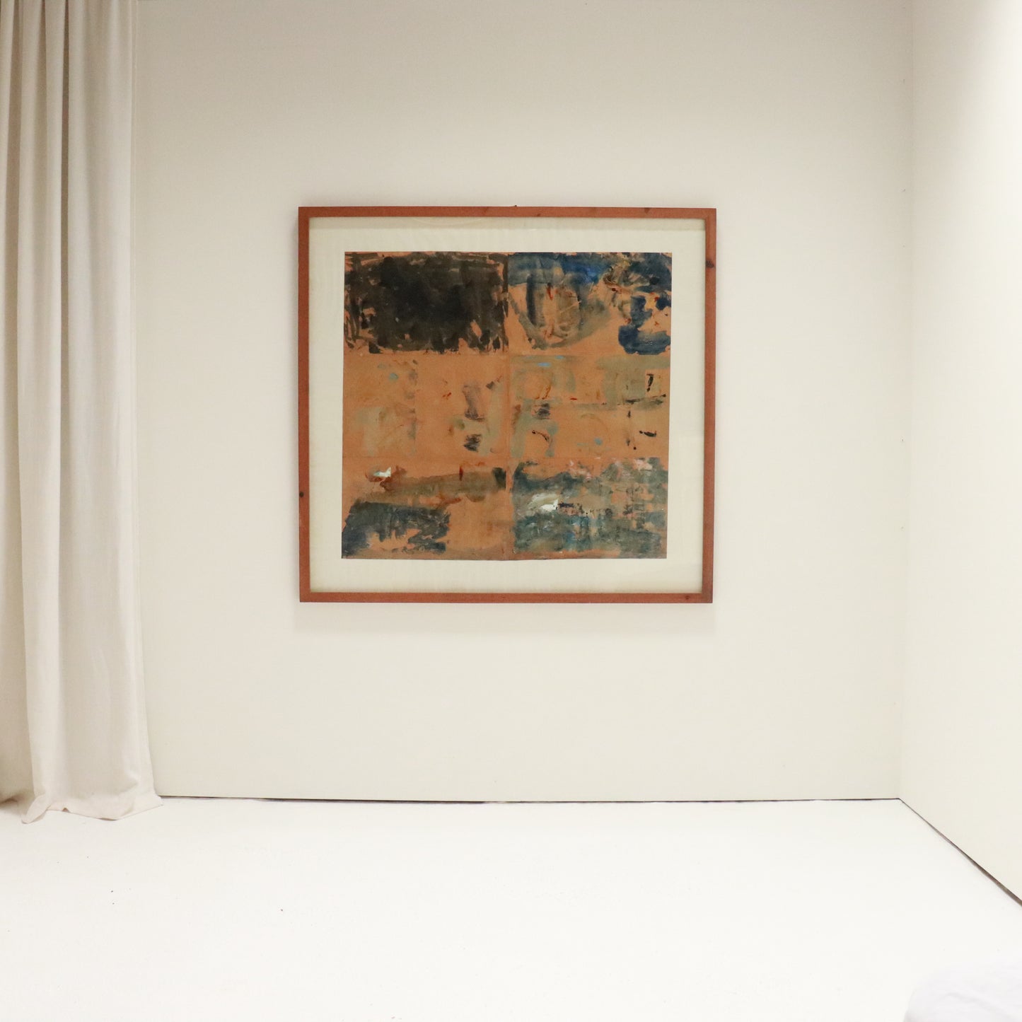 Large-scale abstract collage on paper by Carole McDowall, 1995, framed in timber.