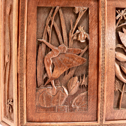 Hand-Carved Folk Art Corner Cupboard with Fairy Panels