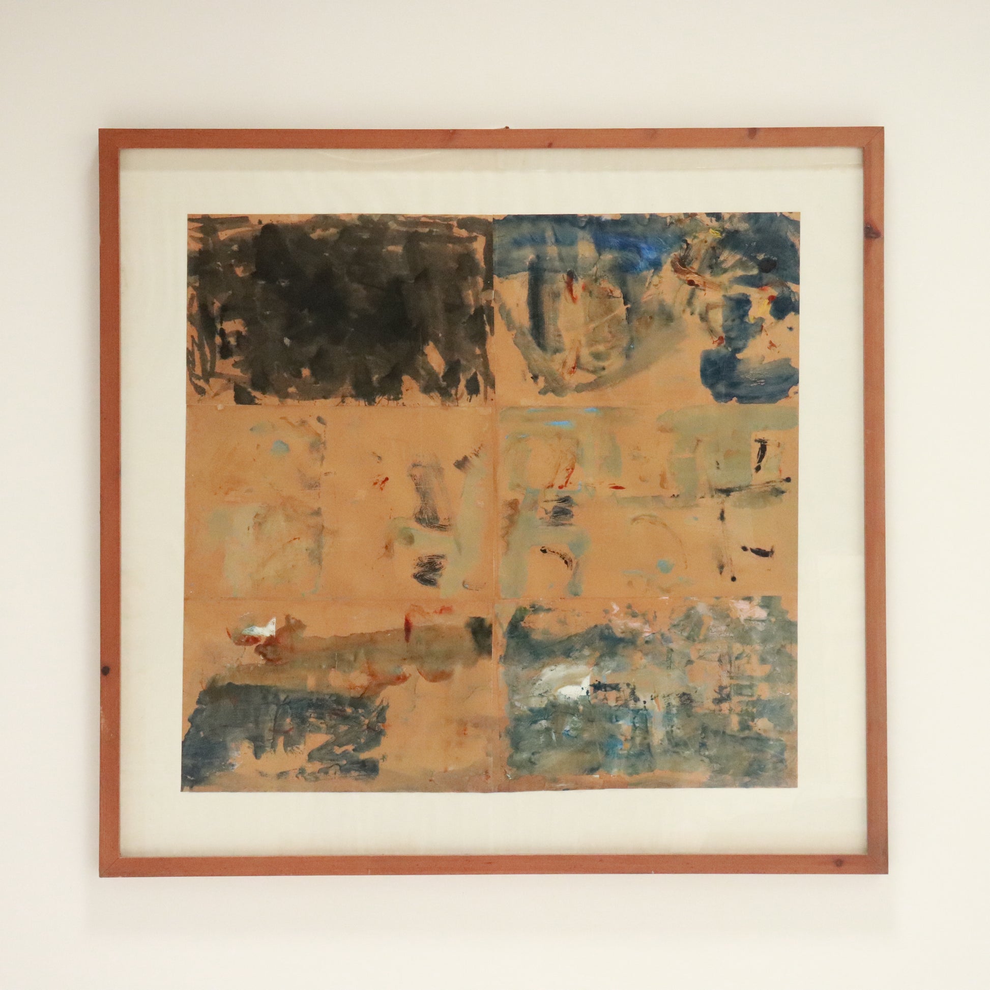 Large-scale abstract collage on paper by Carole McDowall, 1995, framed in timber.