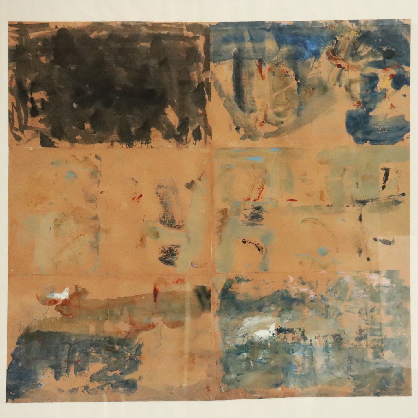 Detail of six collaged panels with ochre, black, and blue tones by Carole McDowall.