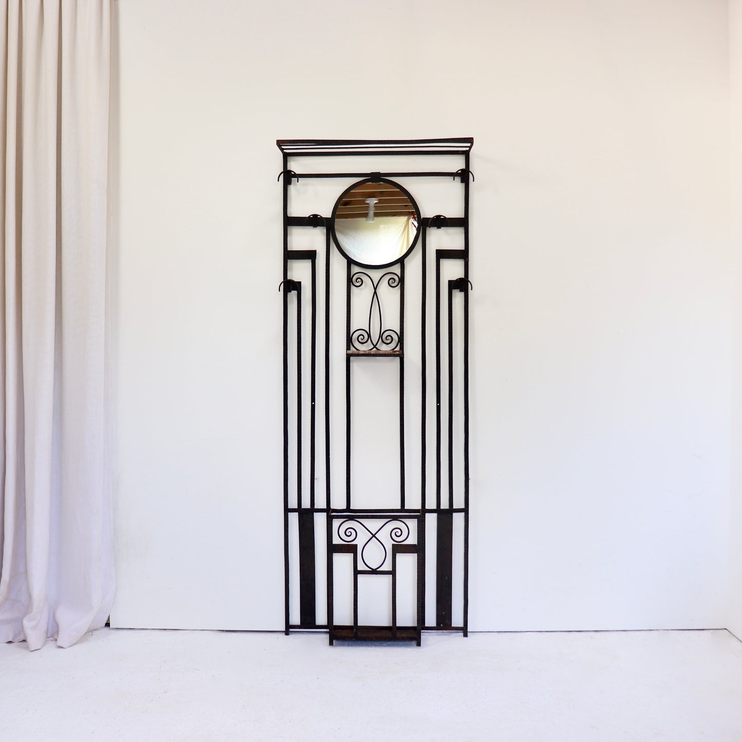 Art Deco iron hallway coat stand with hooks and shelf