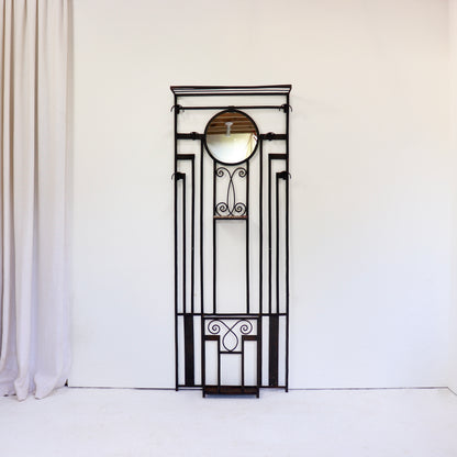 Art Deco iron hallway coat stand with hooks and shelf