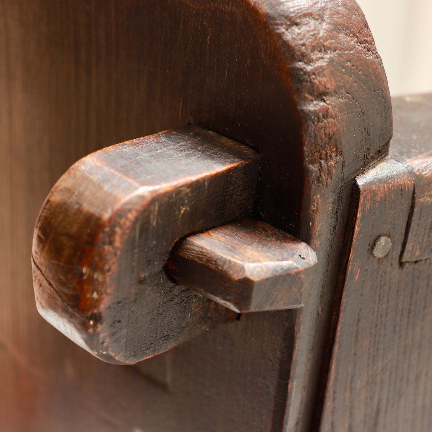 Detail of arm and joint construction on lambing chair