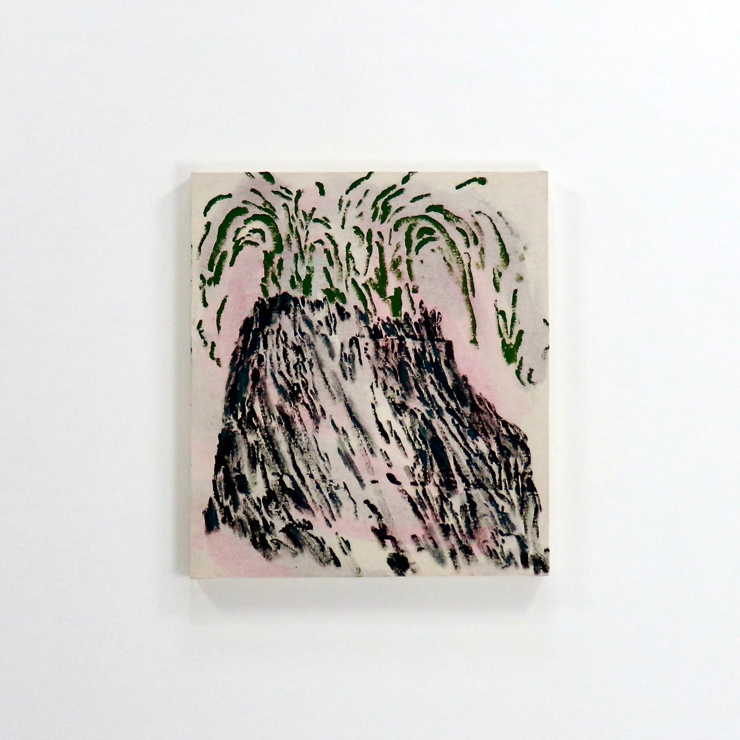 Contemporary oil painting on raw canvas depicting an erupting volcano