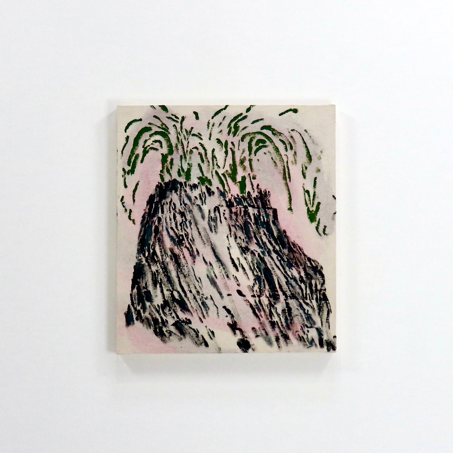 Contemporary oil painting on raw canvas depicting an erupting volcano