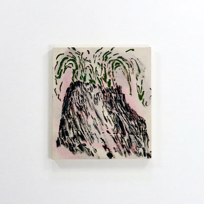 Contemporary oil painting on raw canvas depicting an erupting volcano