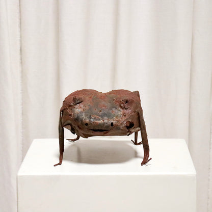 Front view of rusted metal frog with slit smile.