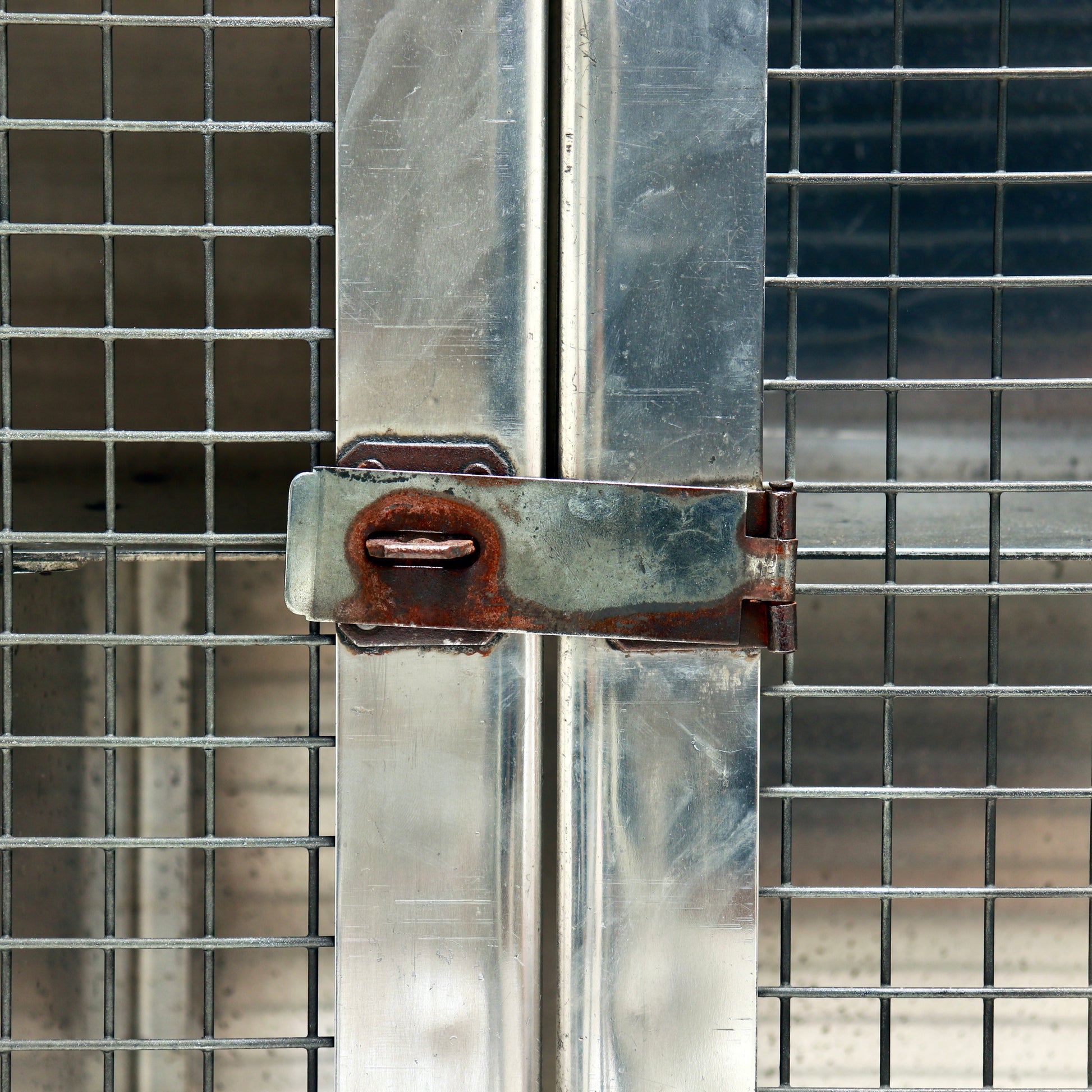 Original steel latch detail with aged patina.