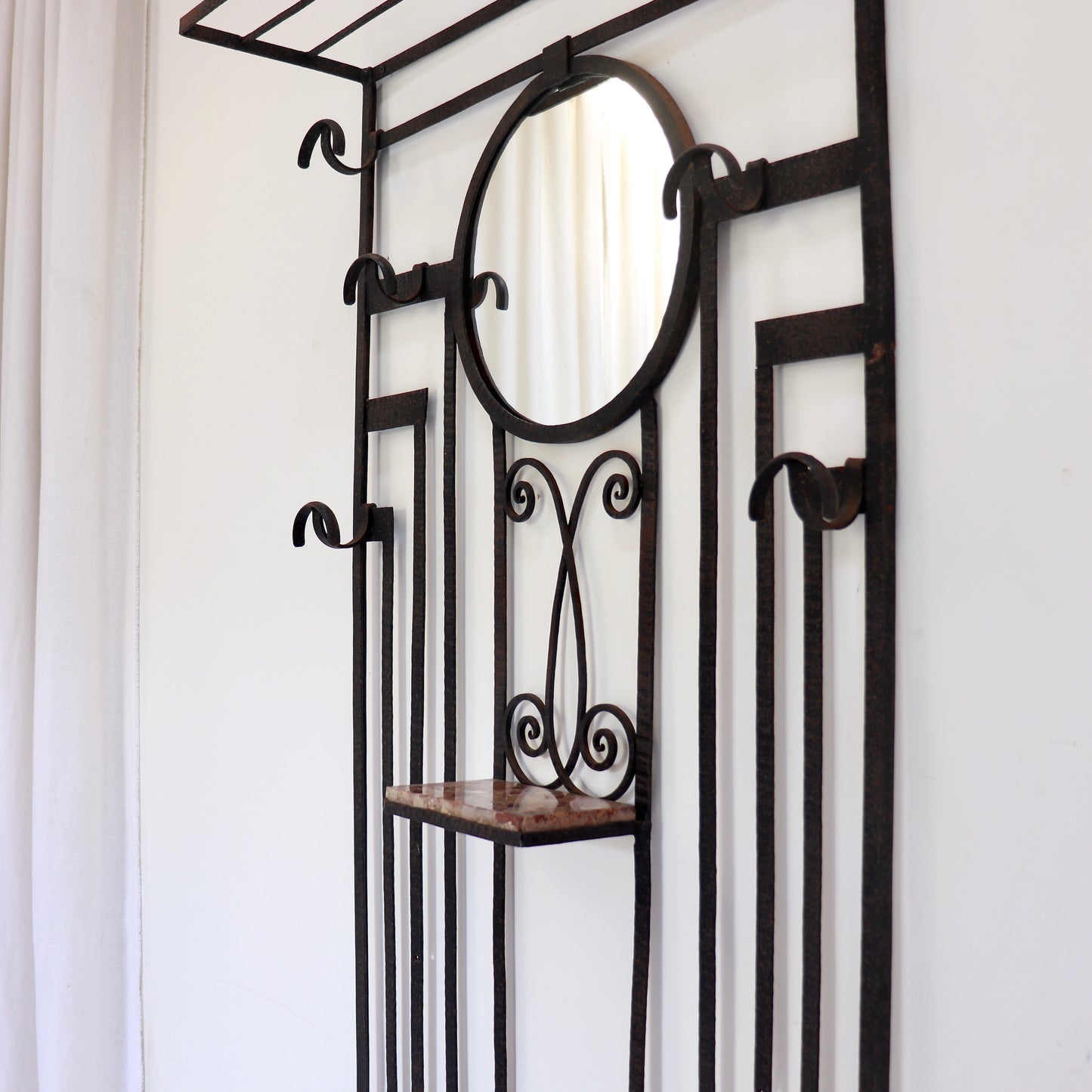 French 1930s iron coat stand with mirror