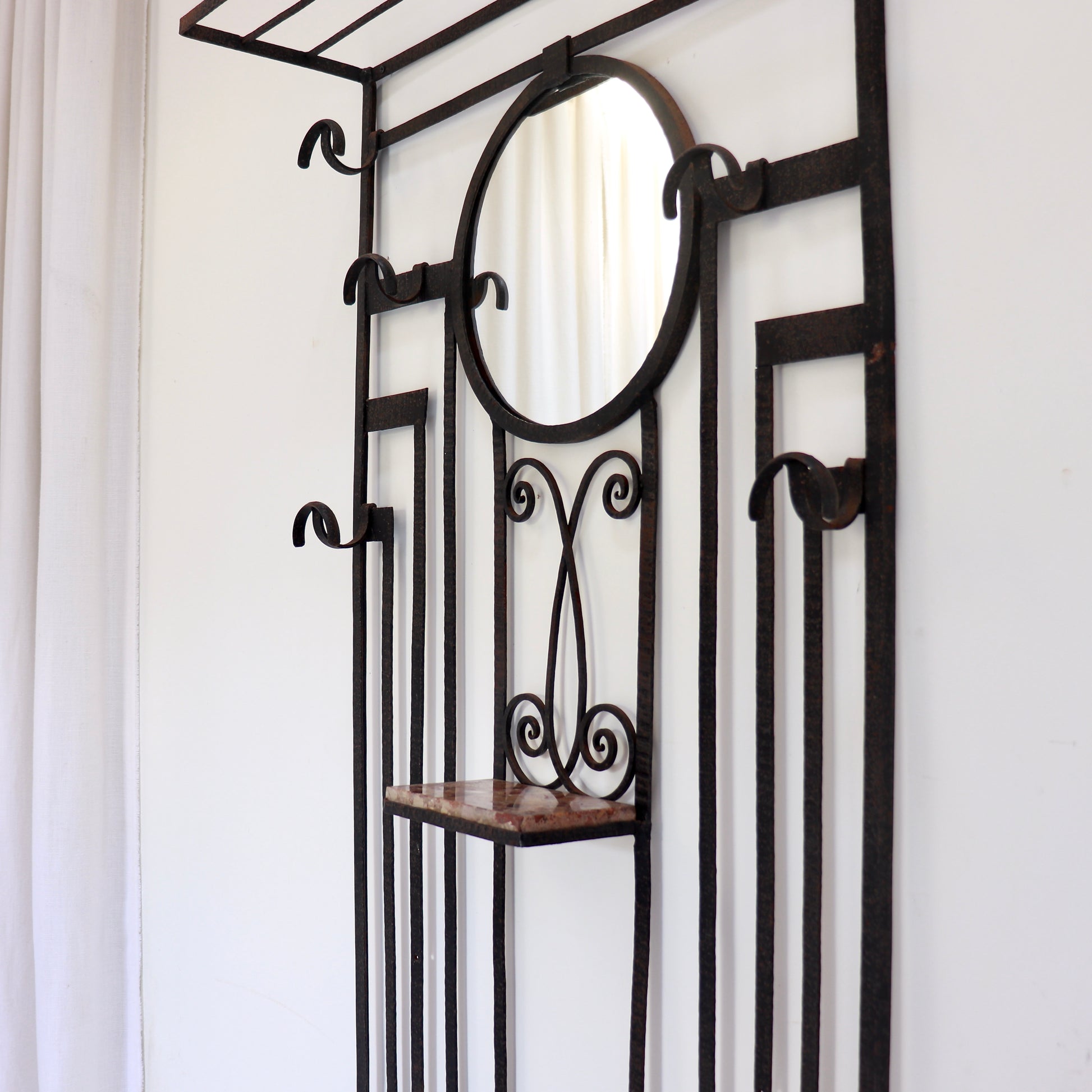 French 1930s iron coat stand with mirror