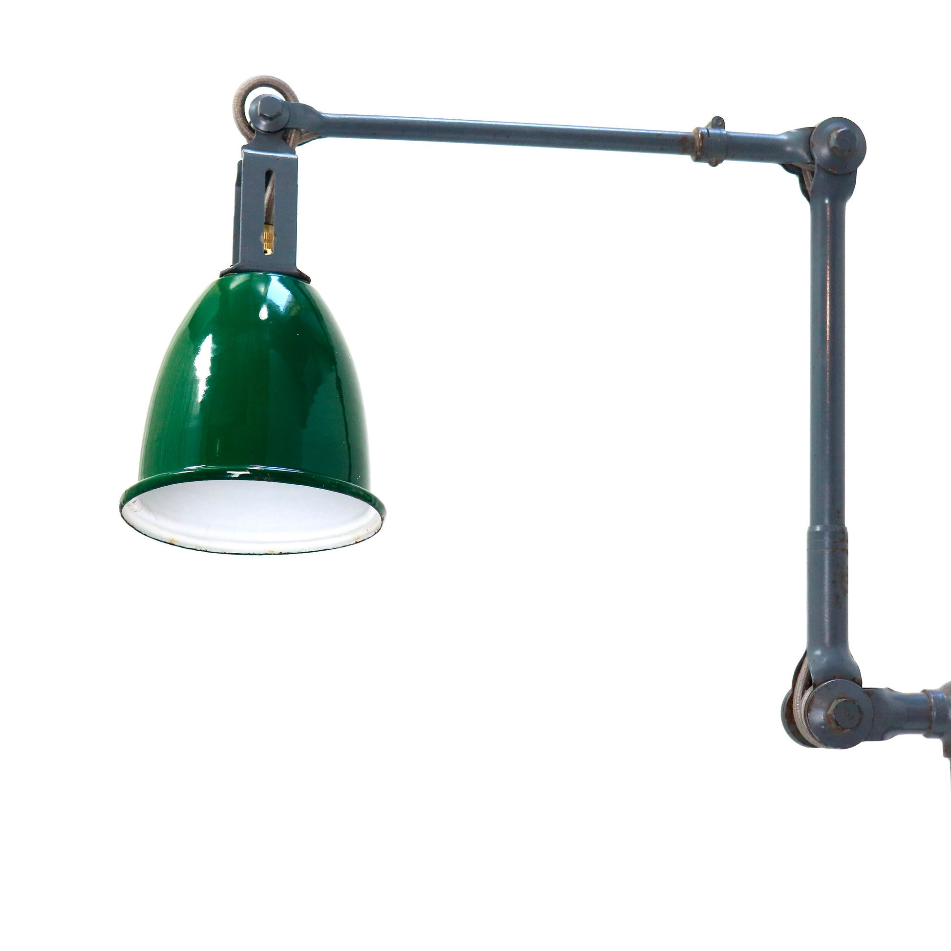 Close-up of vintage Dugdills lamp joints and steel arm