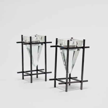 Pair of brutalist steel and glass prism tealight candle holders