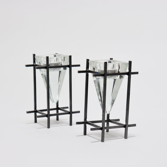 Pair of brutalist steel and glass prism tealight candle holders