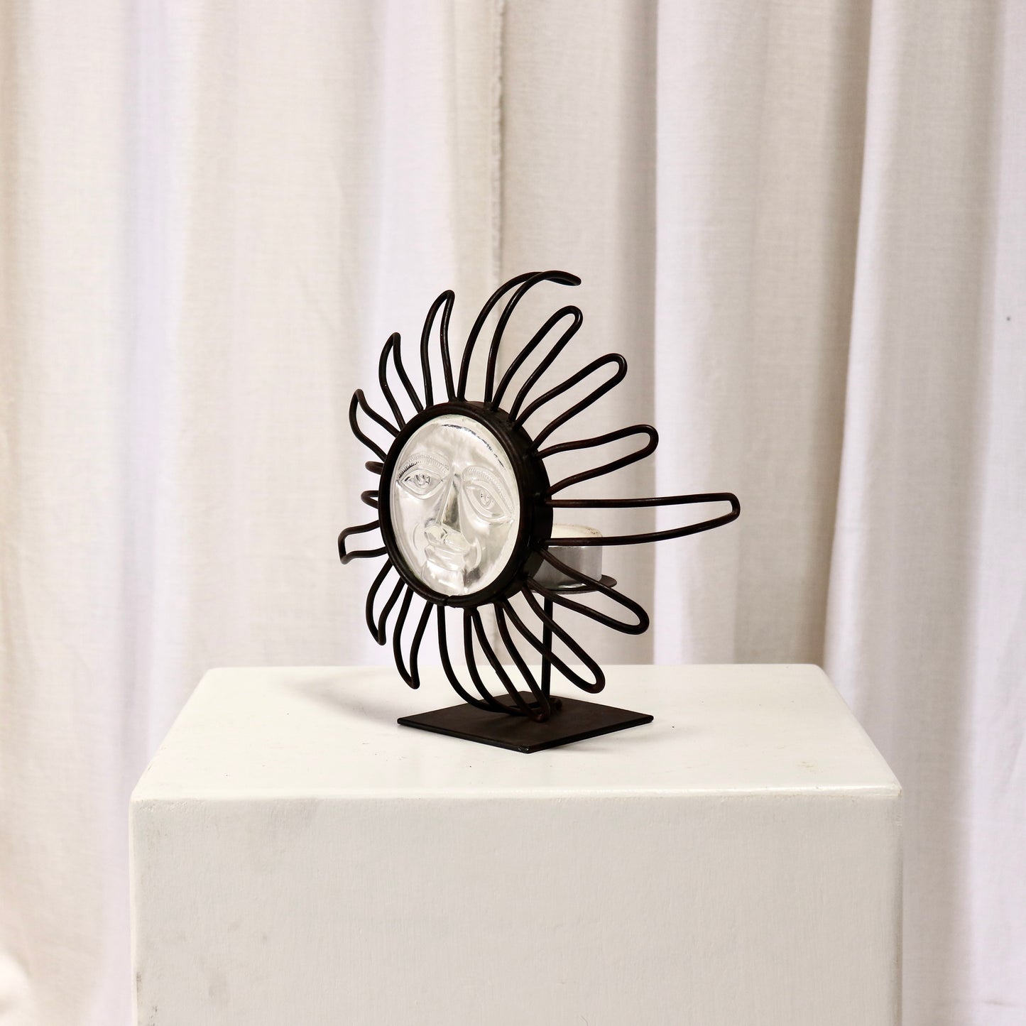 Sun Face Candle Holder — Wrought Iron & Pressed Glass