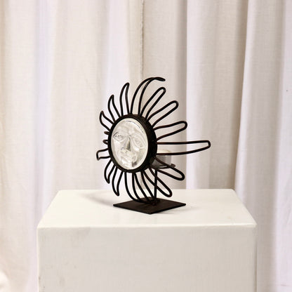 Sun Face Candle Holder — Wrought Iron & Pressed Glass