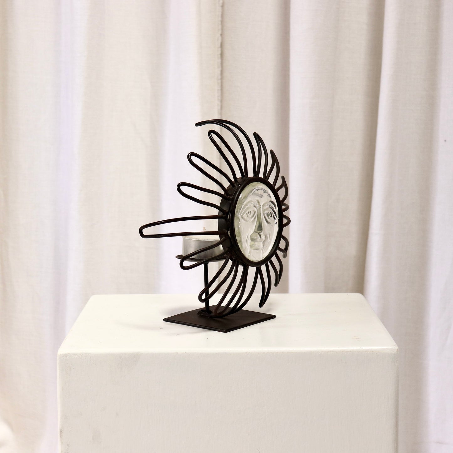 Sun Face Candle Holder — Wrought Iron & Pressed Glass