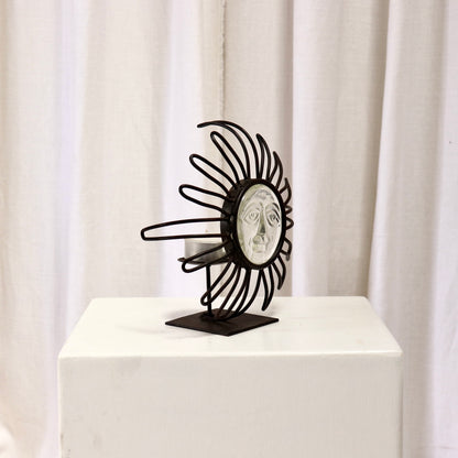 Sun Face Candle Holder — Wrought Iron & Pressed Glass