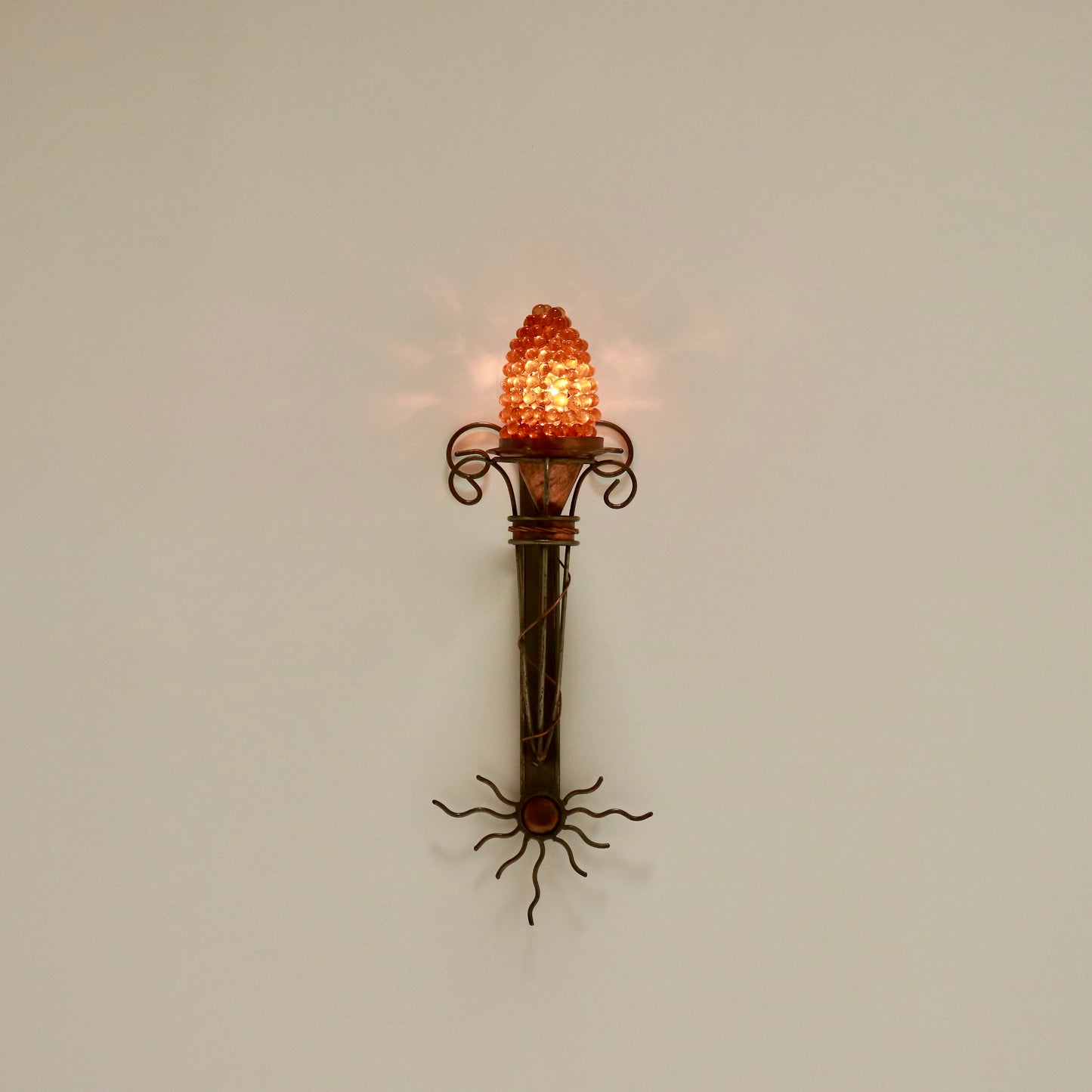 Artisan Iron & Copper Wall Light with Hand-Blown Grape Glass Shade