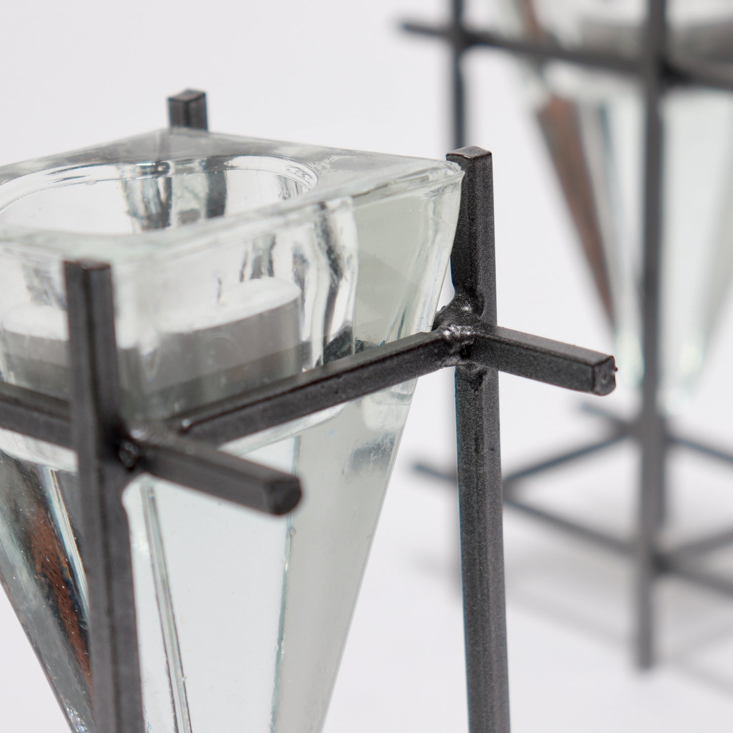 Brutalist Steel & Glass Prism Tealight Holders — Pair