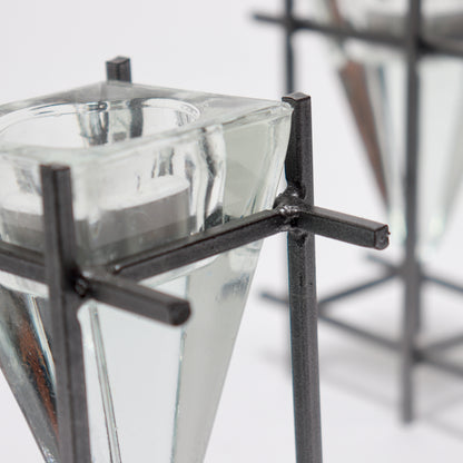 Brutalist Steel & Glass Prism Tealight Holders — Pair
