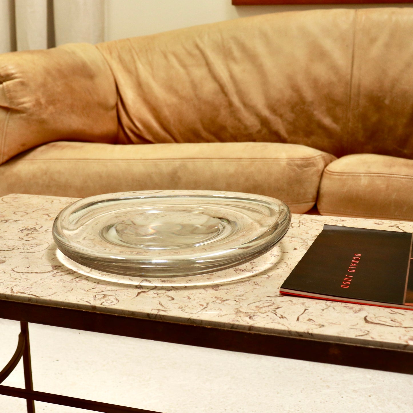 Danish mid-century heavy sculptural glass dish on table