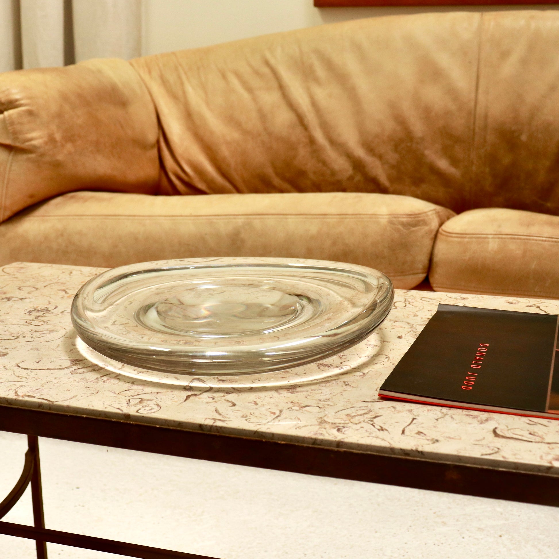 Danish mid-century heavy sculptural glass dish on table