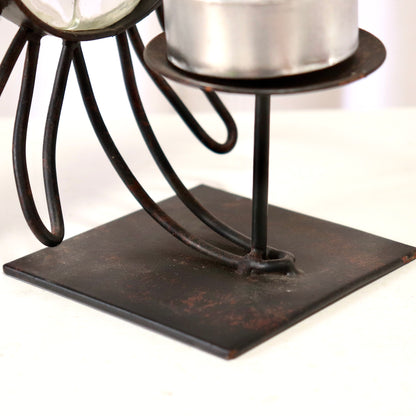 Sun Face Candle Holder — Wrought Iron & Pressed Glass