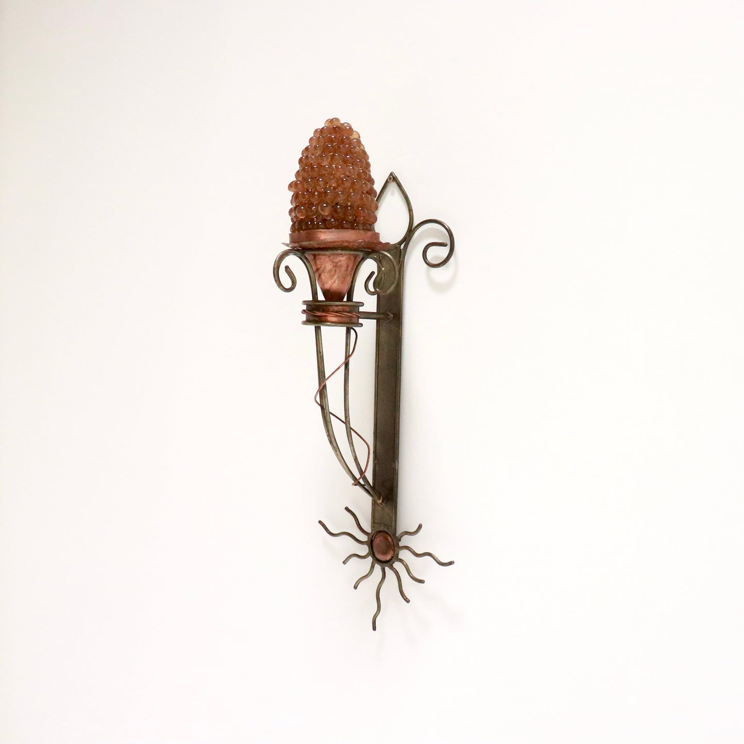 Artisan Iron & Copper Wall Light with Hand-Blown Grape Glass Shade
