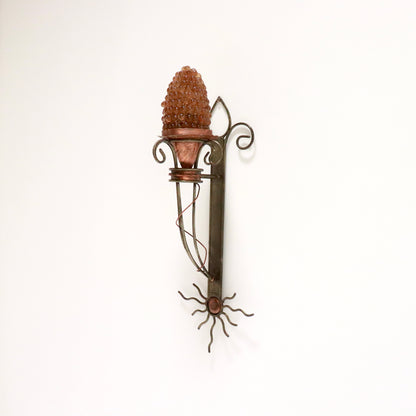 Artisan Iron & Copper Wall Light with Hand-Blown Grape Glass Shade
