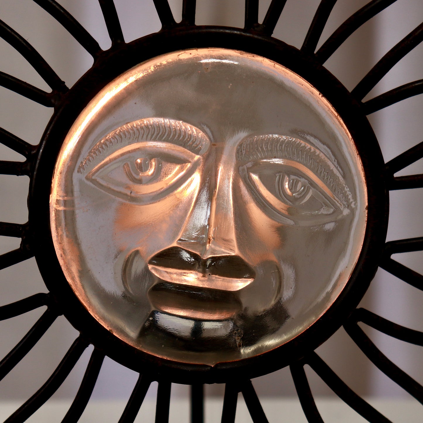 Sun Face Candle Holder — Wrought Iron & Pressed Glass
