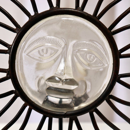 Sun Face Candle Holder — Wrought Iron & Pressed Glass
