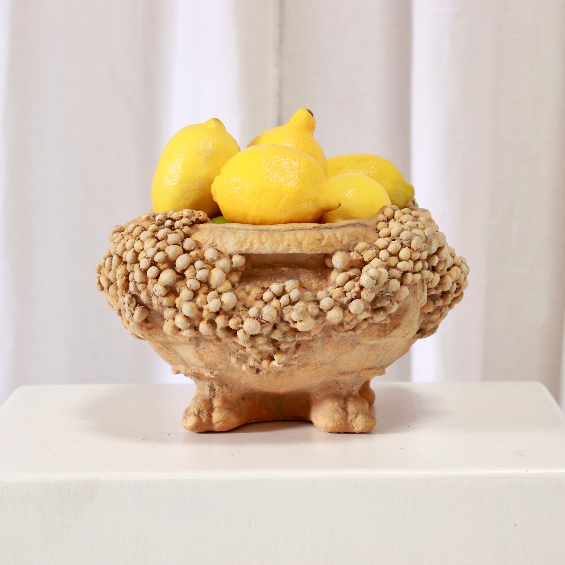 Bowl styled with lemons showing generous, sculptural scale.