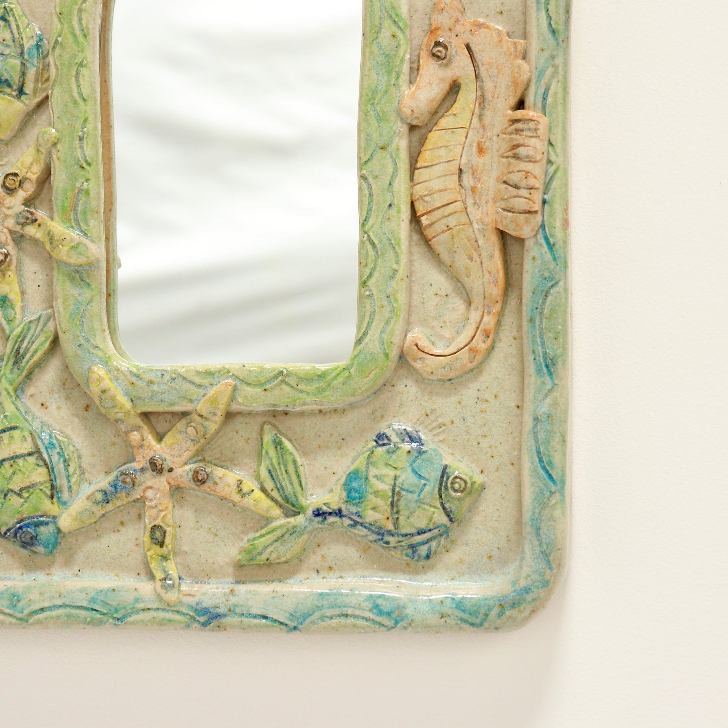 Folk Art Ceramic Mirror with Seahorse & Fish (Signed)