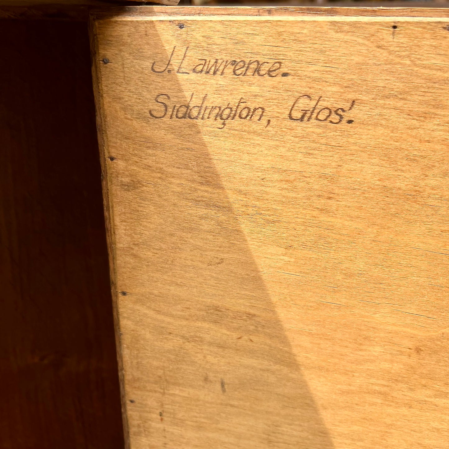 Signed back panel J Lawrence Siddington Gloucestershire