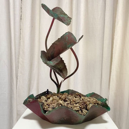 Folk Art Table Fountain — Hand-Formed Copper Leaves with Verdigris